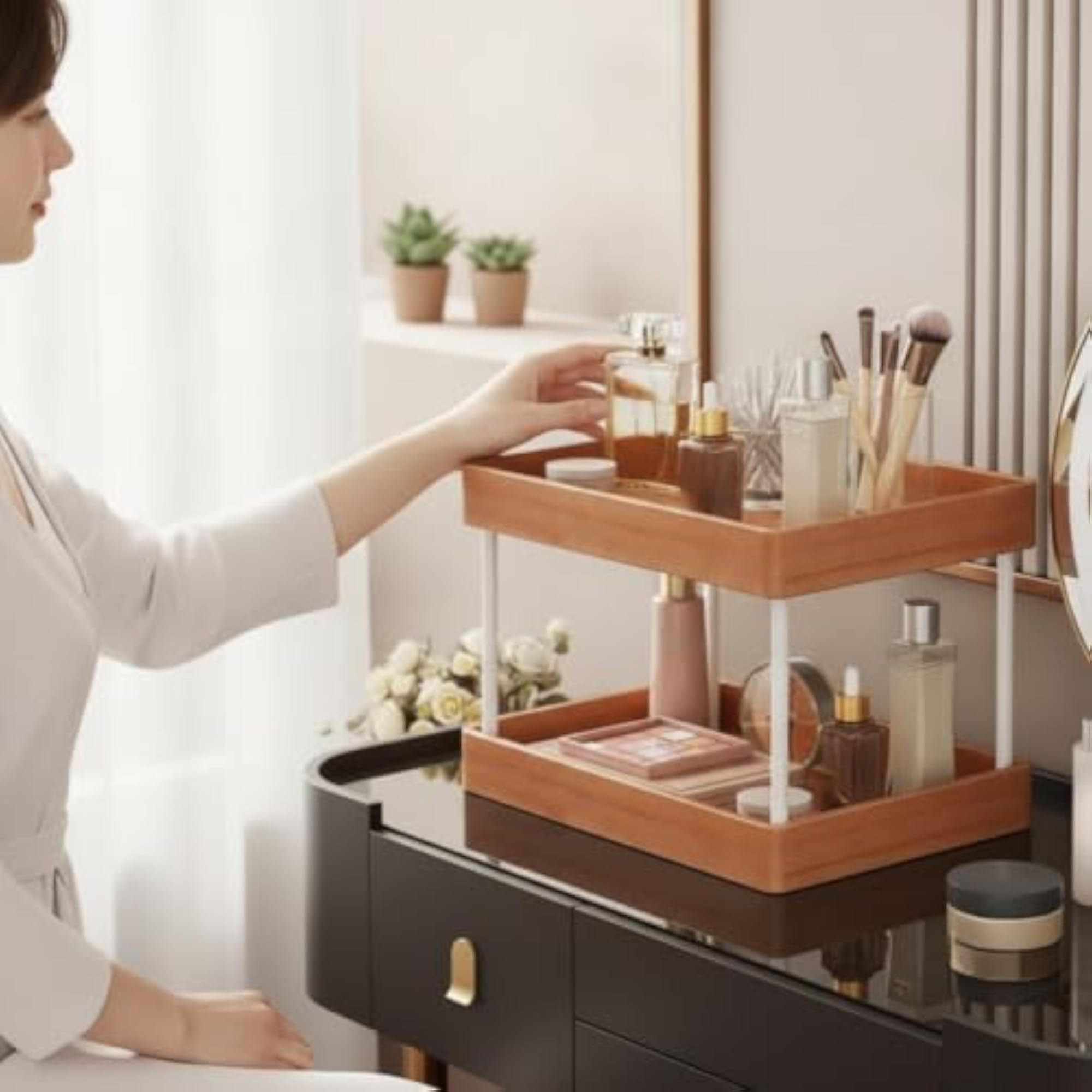 Solid Wood Vanity Organizer Space-Saving 2-Tier Wooden Rack
